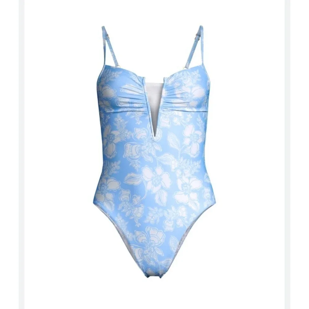 L*Space Roxanne Floral V Wire One Piece Swimsuit Blue White Size S NWT